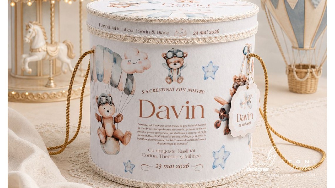 Trusou Botez Băieți Little Aviator Ursuleț Aviator Personalizat Bleu Pudrat si Ivory 10